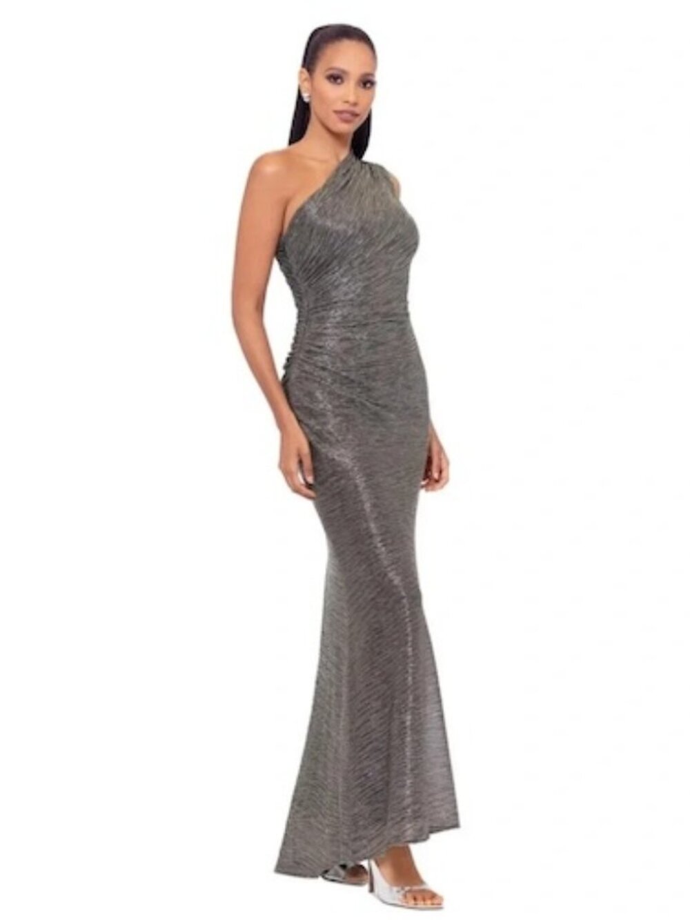 Betsy & Adam Black Silver Gold One-Shoulder Metallic Crinkled Column